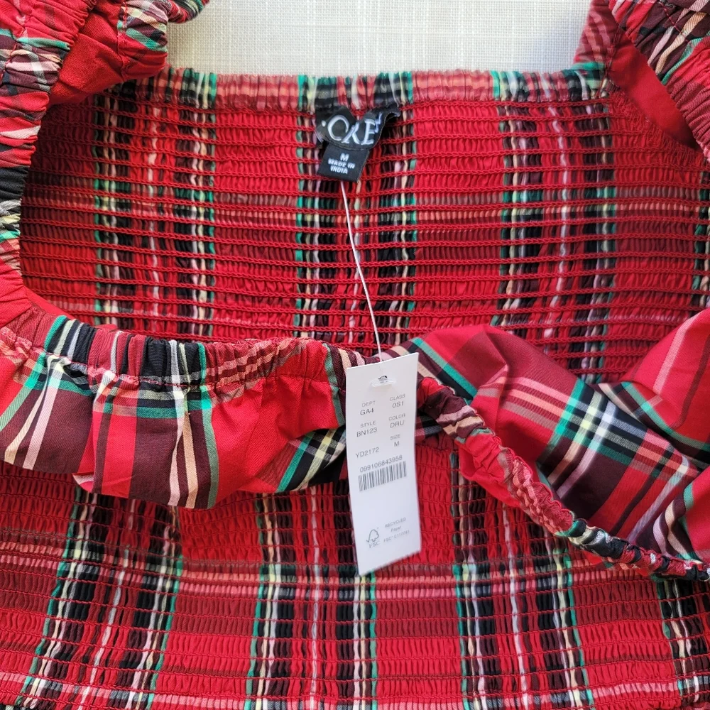New! J.Crew sz Medium M Red Tartan Plaid Smocked Midi Dress NWT